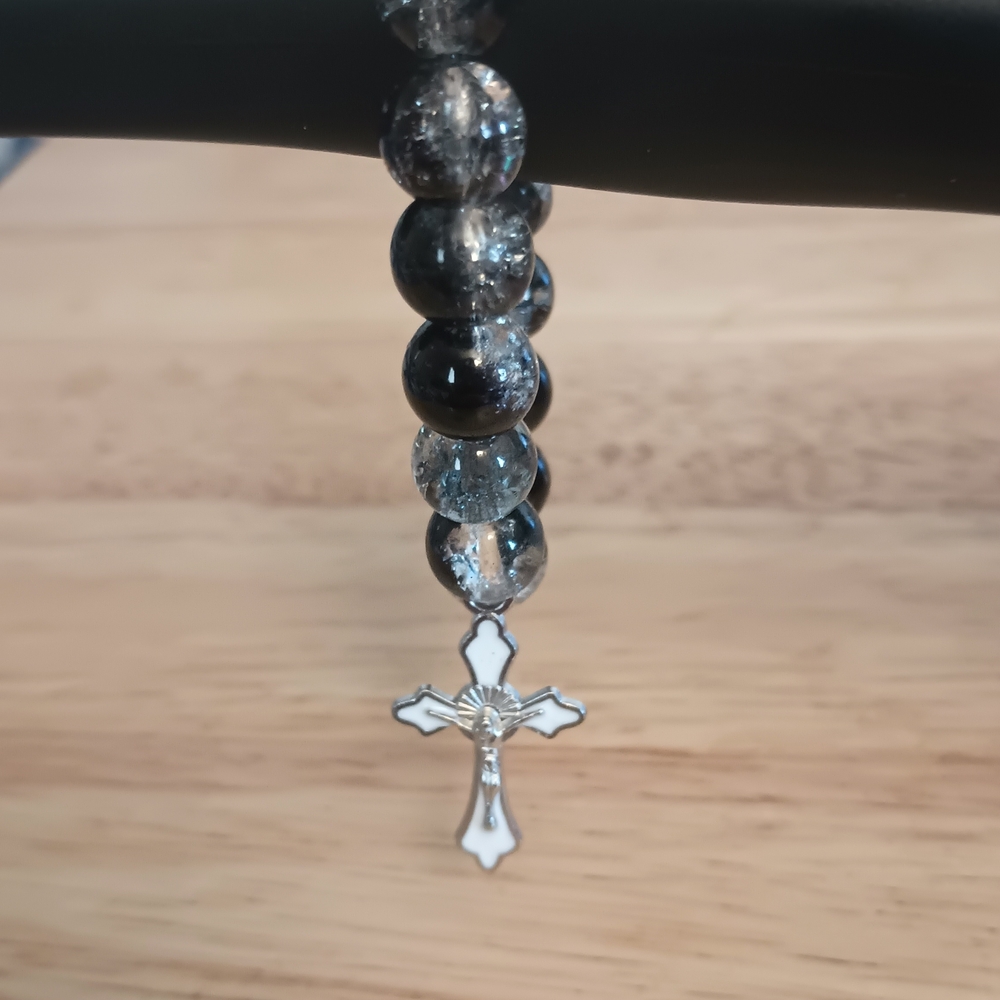 Elegant Black and Silver Beaded Cross Bracelet
